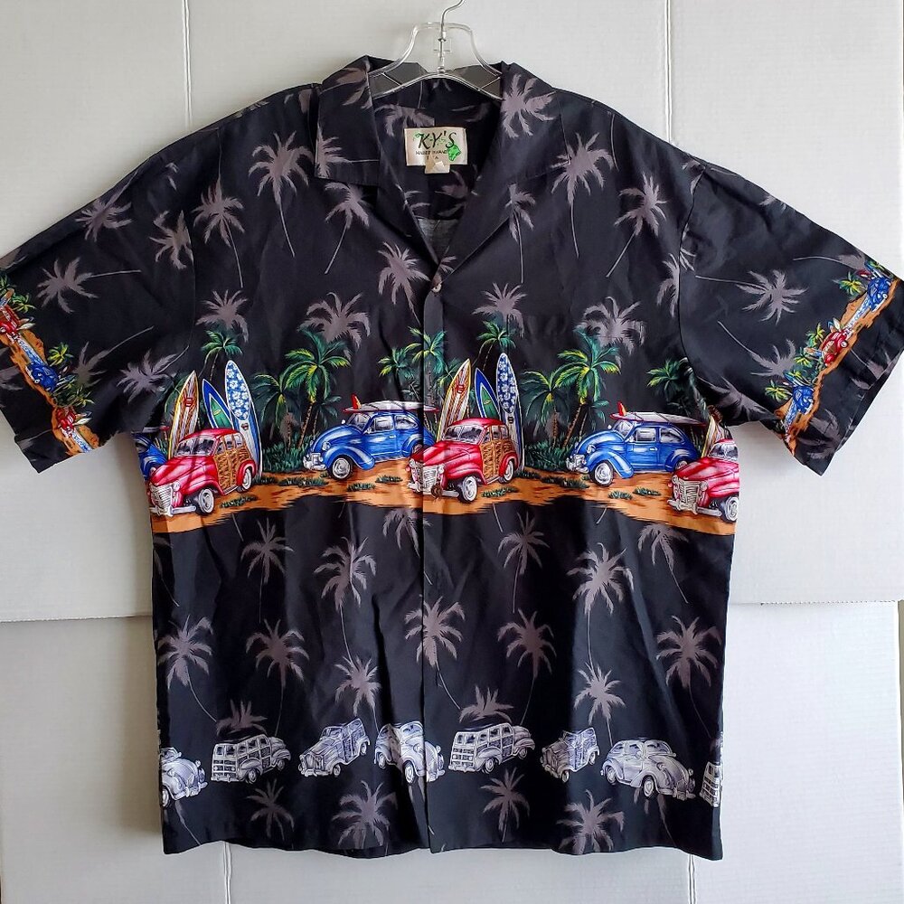 Hawaiian Black Buttoned Shirt XL Ky’s Made In Hawaii Woodie Palm Tree All Cotton